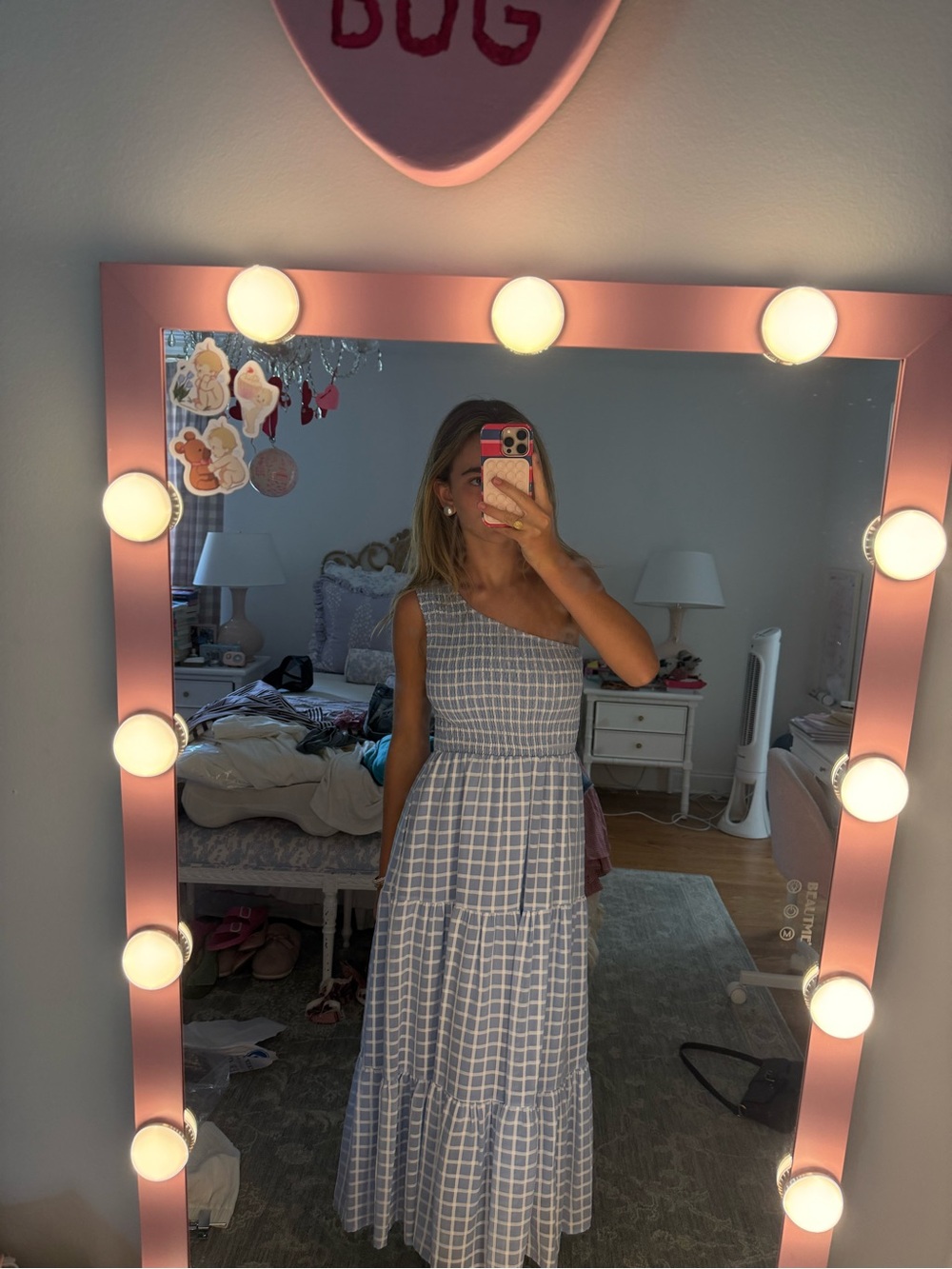 One-Shoulder Blue Gingham Maxi Dress